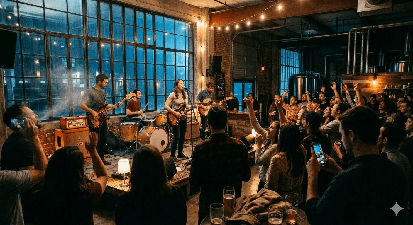 Live concert with band and crowd